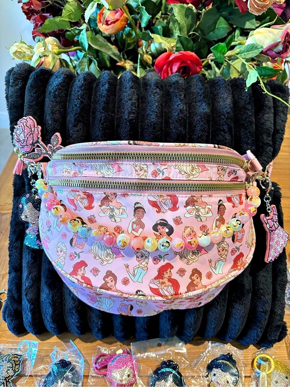 Pink Disney princess Character Print crossbody bag with princess chain
